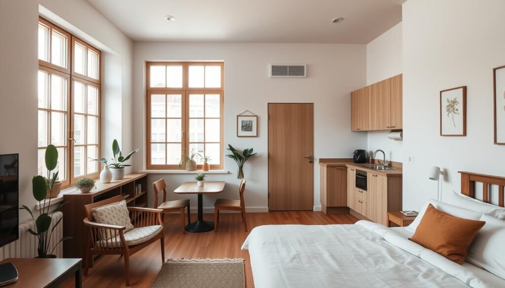 Traditional studio apartments with minimalist interior design