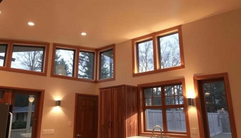 ADU interior showing layered lighting design with natural and artificial sources