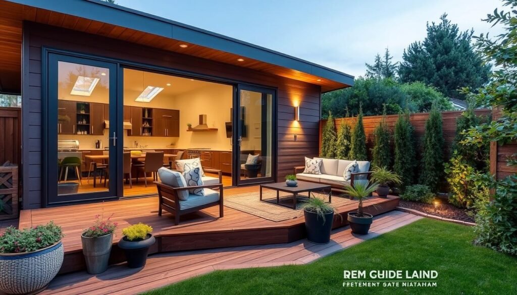 ADU with integrated outdoor living space including deck and landscaping