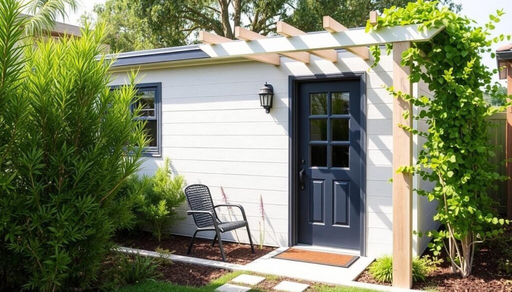 ADU with privacy features including strategic window placement and landscaping