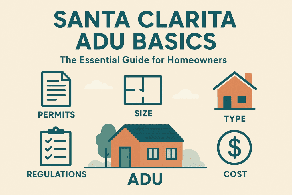 Infographic showing Santa Clarita ADU basics with icons for permits, size, type, regulations, cost, and a small house illustration, related to ADU designs, ADU regulations, garage conversion kits, and backyard cottage ideas.