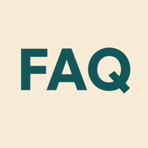 Large bold letters “FAQ” centered on a beige background, styled in dark teal, representing the Frequently Asked Questions section related to ADU designs, ADU regulations, garage conversion kits, and backyard cottage ideas.