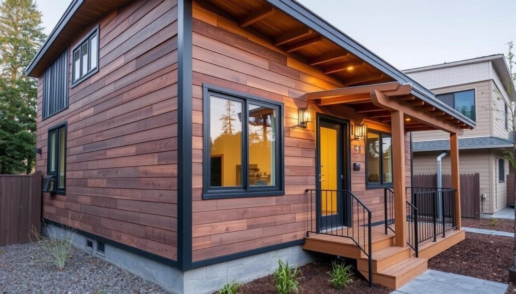 Contemporary ADU exterior with mixed materials and architectural details