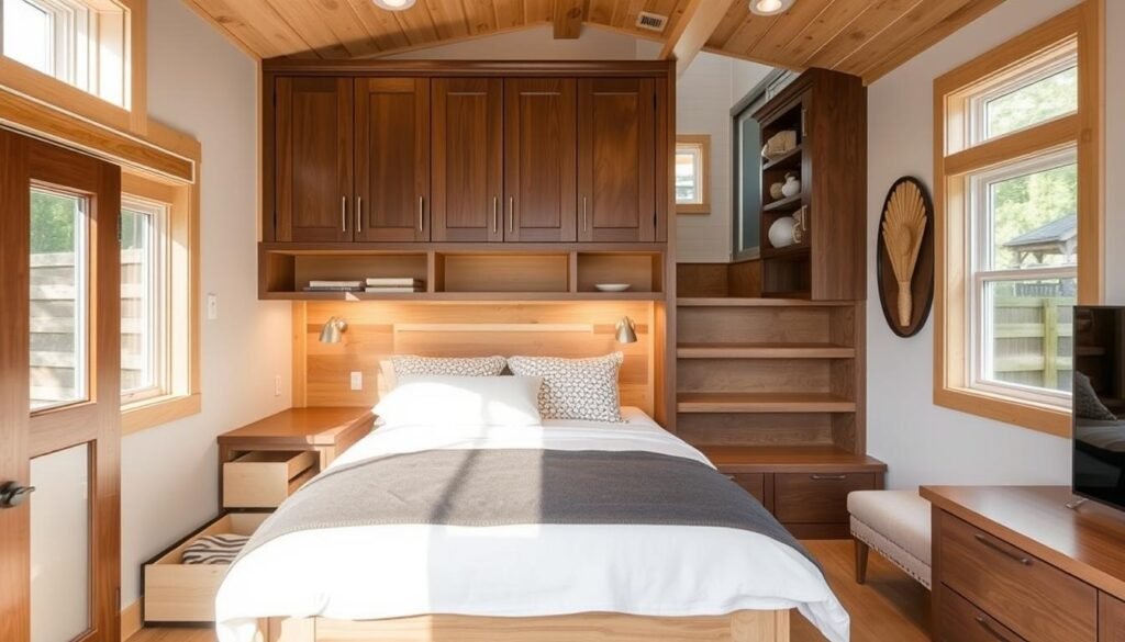 Creative storage solutions in an ADU including built-ins and multi-functional furniture