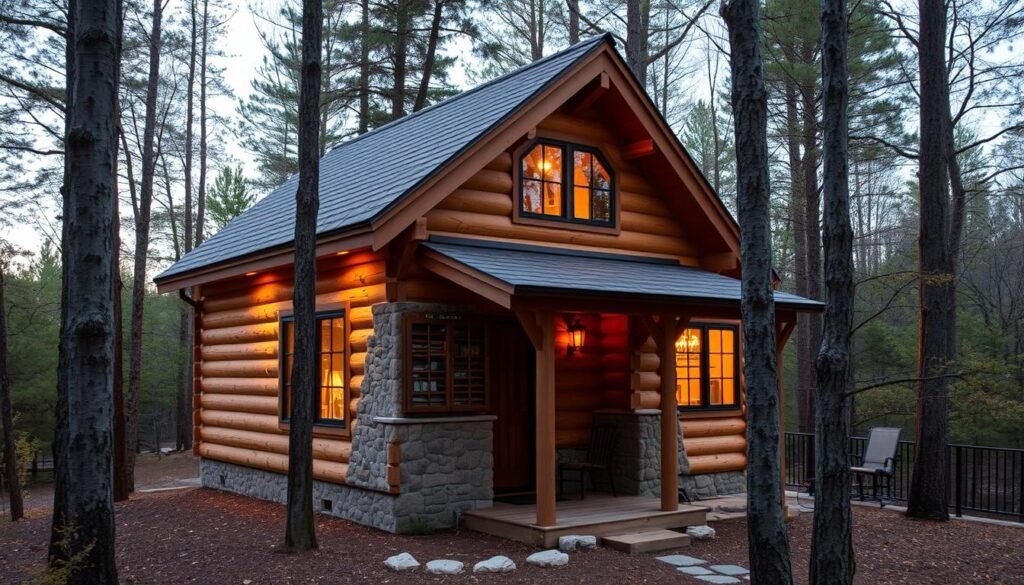 Rustic cabin-style ADU with natural wood exterior and cozy interior