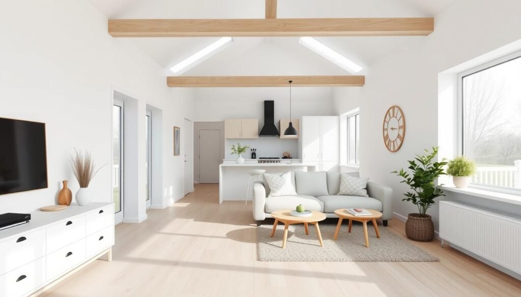 Scandinavian minimalist ADU interior with light colors and natural materials