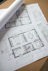 Architectural plans for a small Accessory Dwelling Unit laid out on a wooden table, showing a clear one-story layout with a kitchen, living area, bedroom, bathroom, and laundry space, along with exterior elevations and notes.